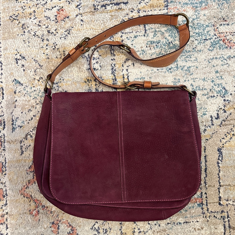 Coach crossbody messenger bag purple nubuck leather w/camel leather strap RARE